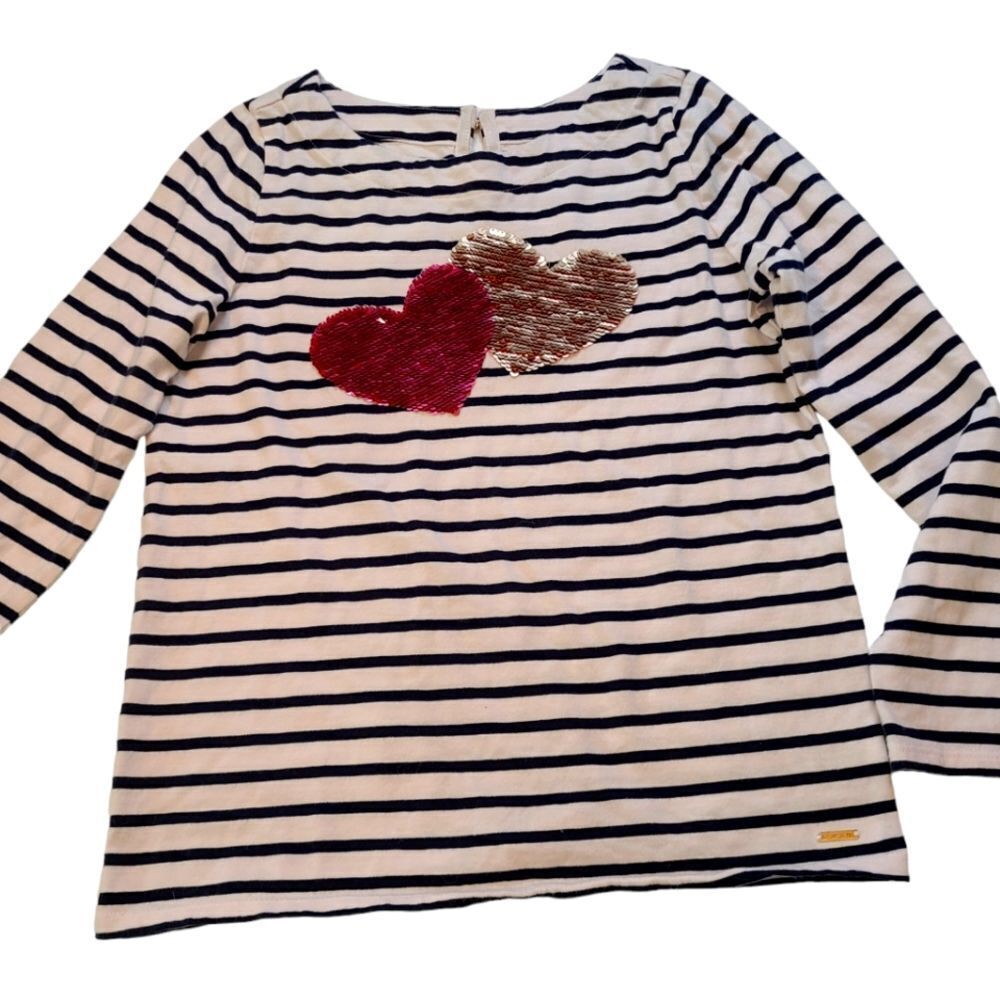 Crown & Ivy Tee‎ Sequined Hearts Long Sleeved Striped Girls sz M